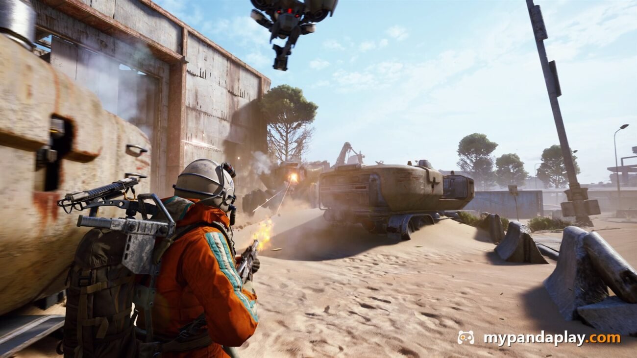 ARC Raiders raider firing at ARC machines in a desert town