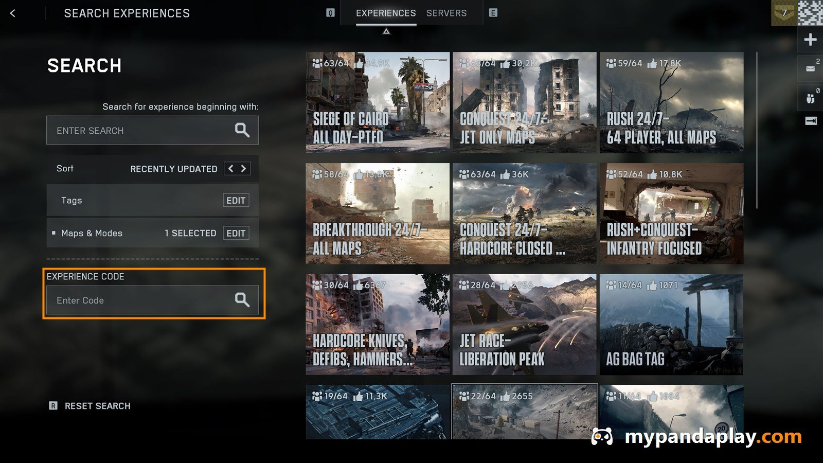 Battlefield 6 Portal search screen with the Experience Code entry field highlighted