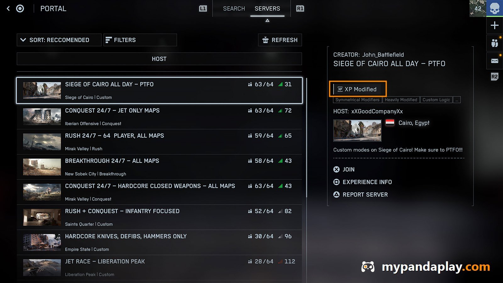 Battlefield 6 Portal server browser with the XP Modified badge highlighted on a Custom Experience