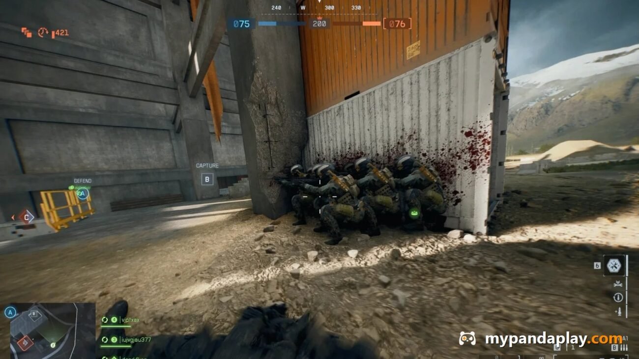 A PandaPlay Battlefield 6 bot lobby: real player accounts sitting AFK against a wall