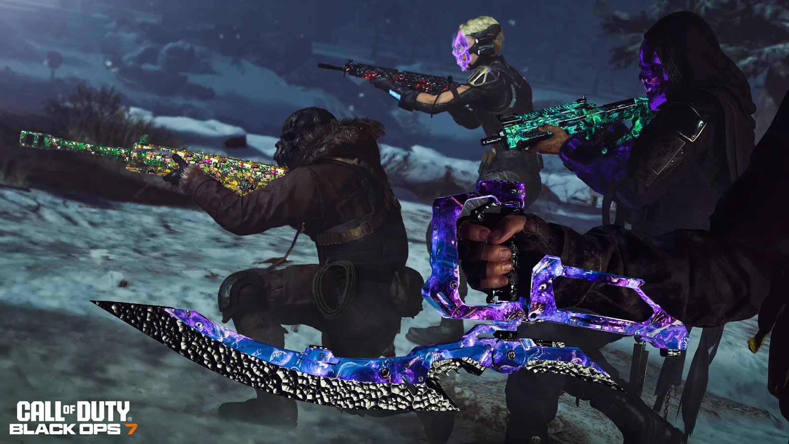 Operators showing Camo Costume Party event weapon camos, with the Arcblade melee weapon in the foreground