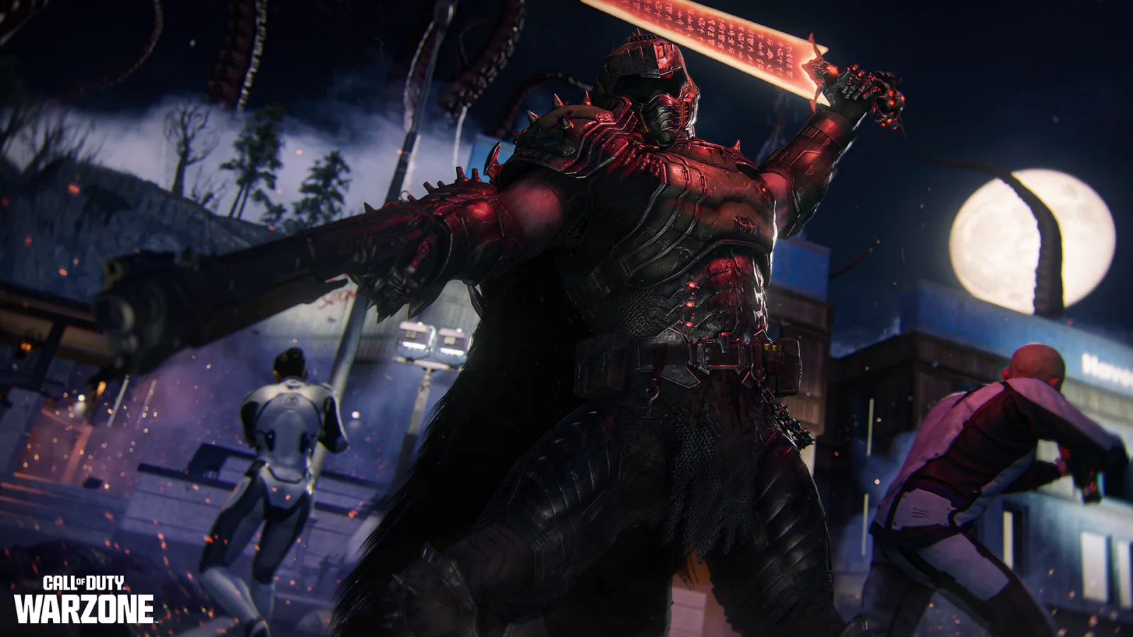 Doom Slayer Operator in dark red spiked armour swinging a glowing red blade at night in Warzone's Haunted Hollow