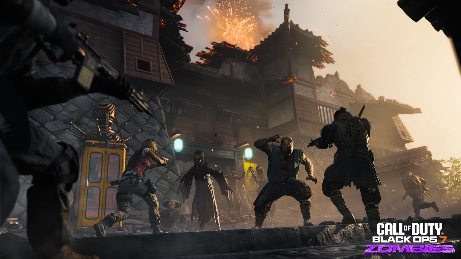 Players fighting zombies outside Kowakujo's burning central keep on Tenshu, the new Black Ops 7 Zombies Survival map