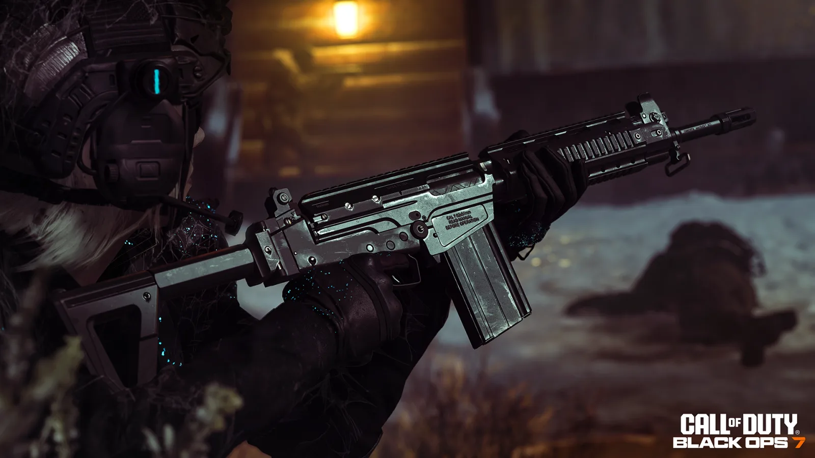 The TR51 Para assault rifle, new in Black Ops 7 Season 06, held by an Operator at night