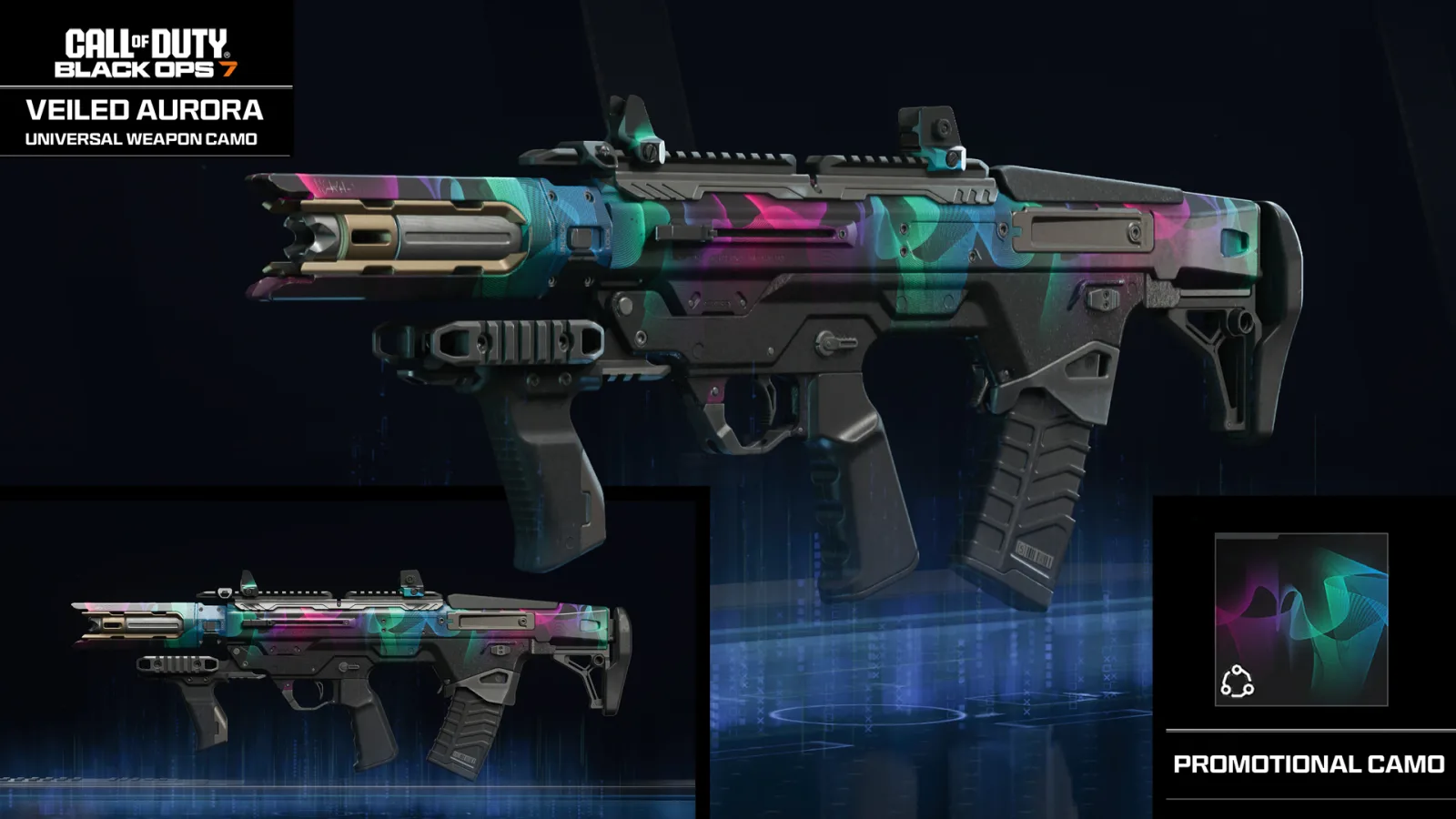 The Veiled Aurora weapon camo on an assault rifle, the Black Ops 7 email verification reward