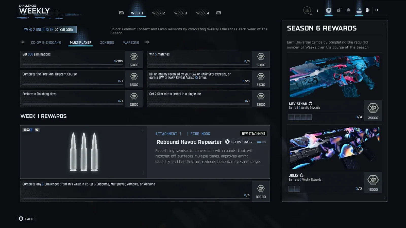 Black Ops 7 Season 06 Weekly Challenges menu showing Week 1 of 4, the Rebound Havoc Repeater attachment reward, and the Leviathan and Jelly animated camos on the right