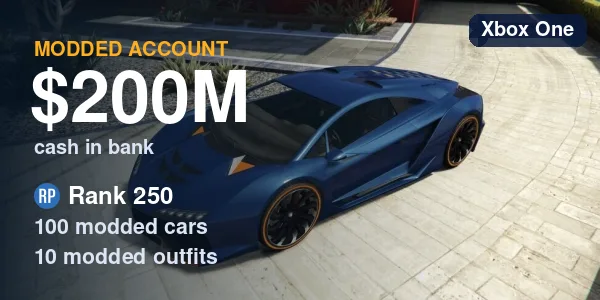 GTA V Modded Account - 200M Cash / RP 250 / 100 Modded Cars / 10 Modded Outfits - PC