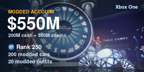 GTA V Modded Account - 550M Total (200M cash + 350M casino) / RP 250 / 200 Modded Cars / 20 Modded Outfits - PC