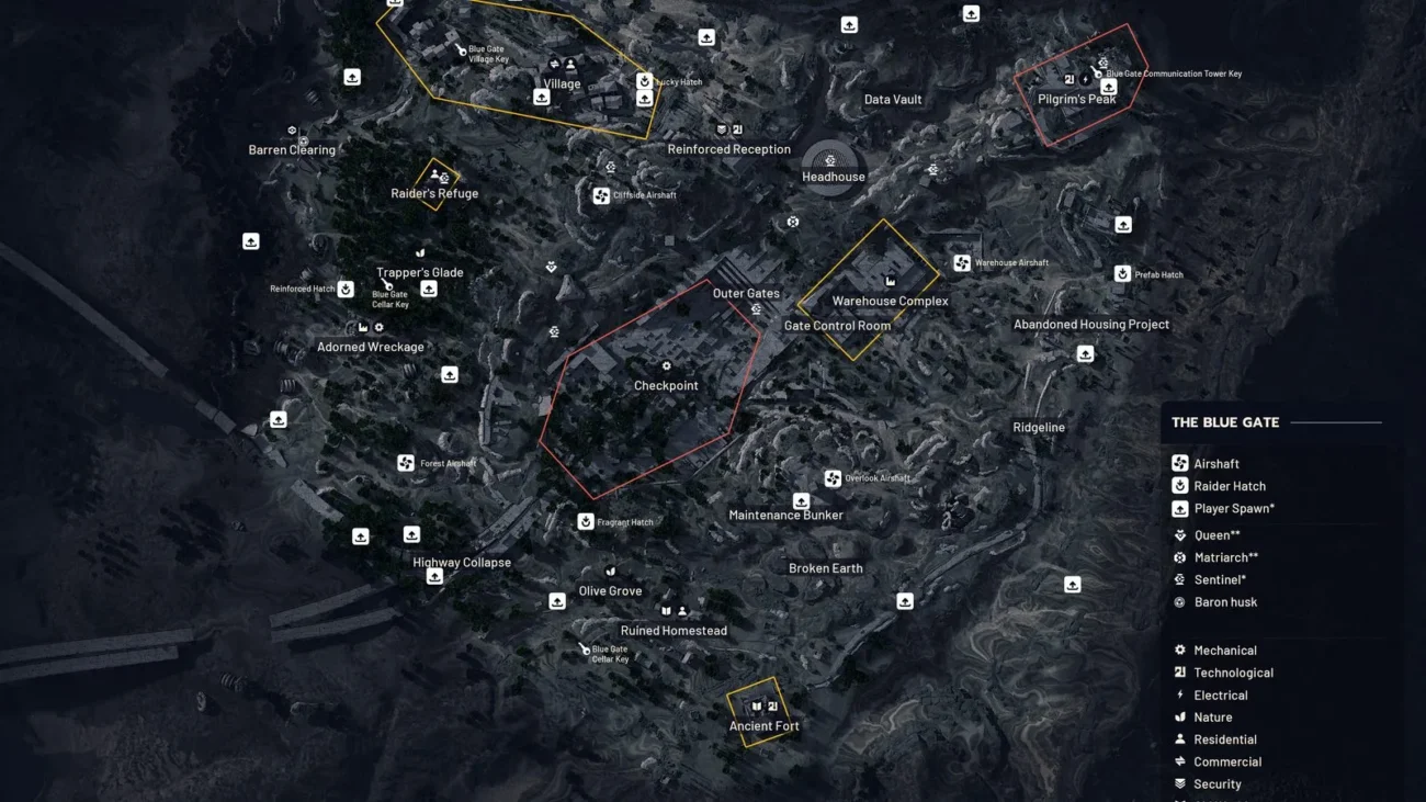 Surface overview map of The Blue Gate in ARC Raiders