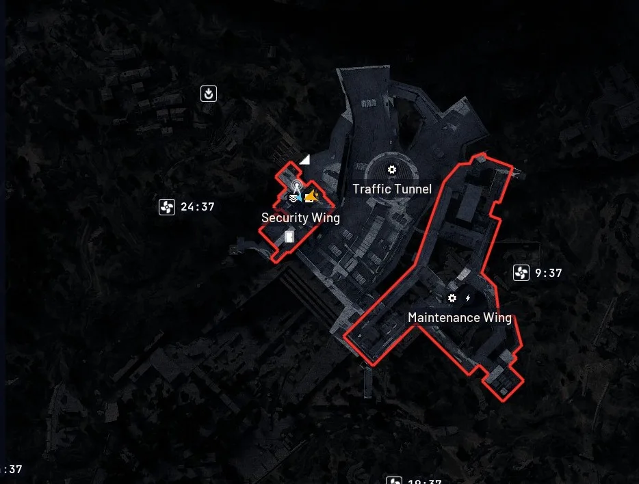 Blue Gate underground map with a marker on the Confiscation Room door in the Security Wing