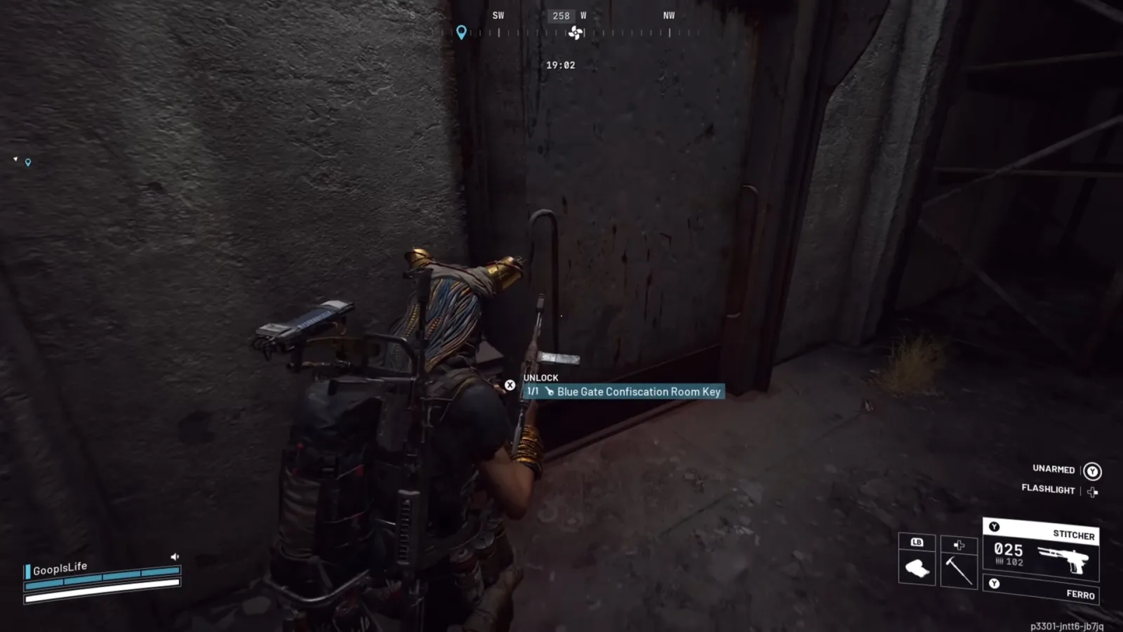 The UNLOCK prompt for the Blue Gate Confiscation Room Key at the locked door in the Blue Gate tunnels
