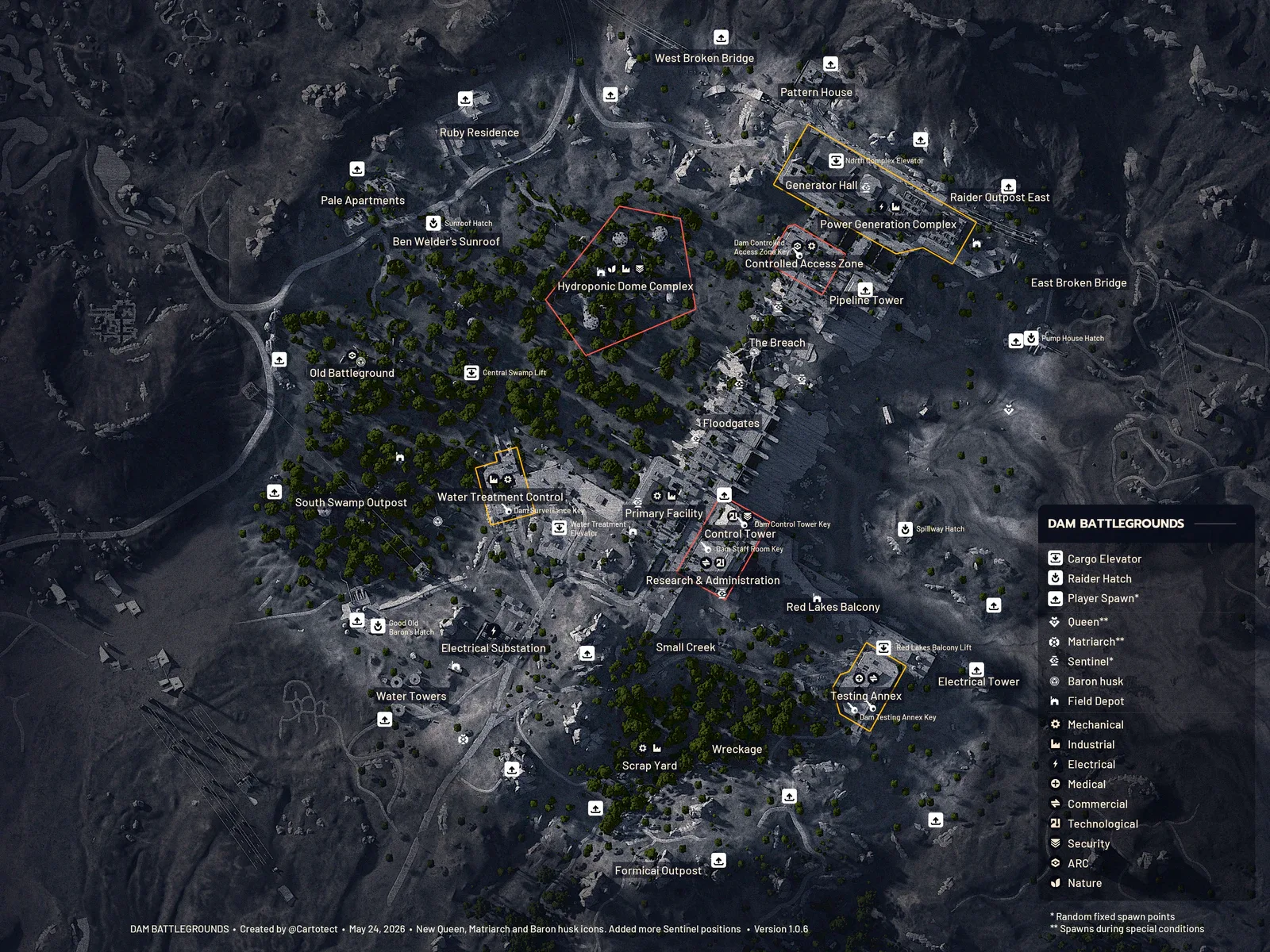 Full map of Dam Battlegrounds in ARC Raiders with the Control Tower, Water Treatment Control, Testing Annex and Controlled Access Zone marked