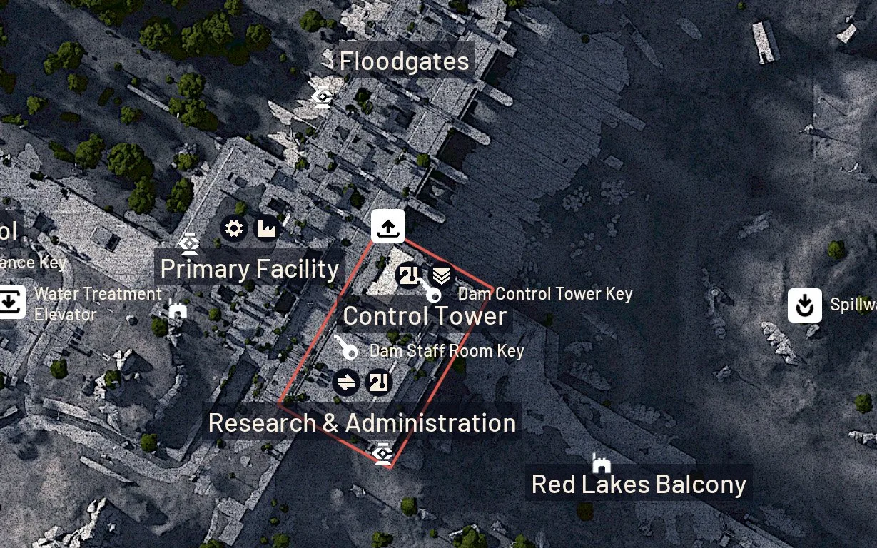 Close-up of the Dam Battlegrounds map showing the Control Tower with the Dam Control Tower Key marker, between Primary Facility, the Floodgates and Research and Administration