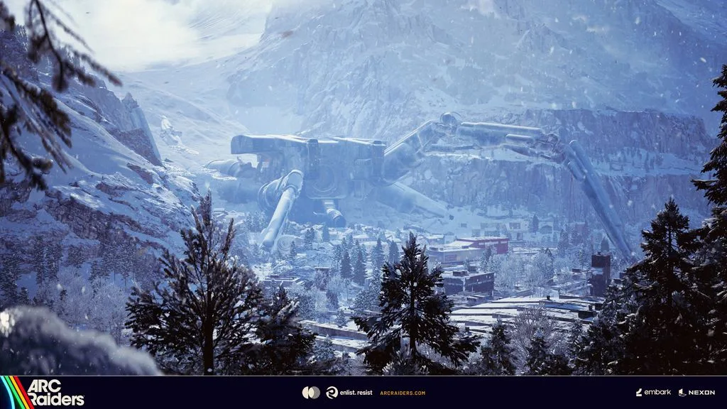ARC Raiders Frozen Trail update key art: Raiders on a snow-covered mountain pass