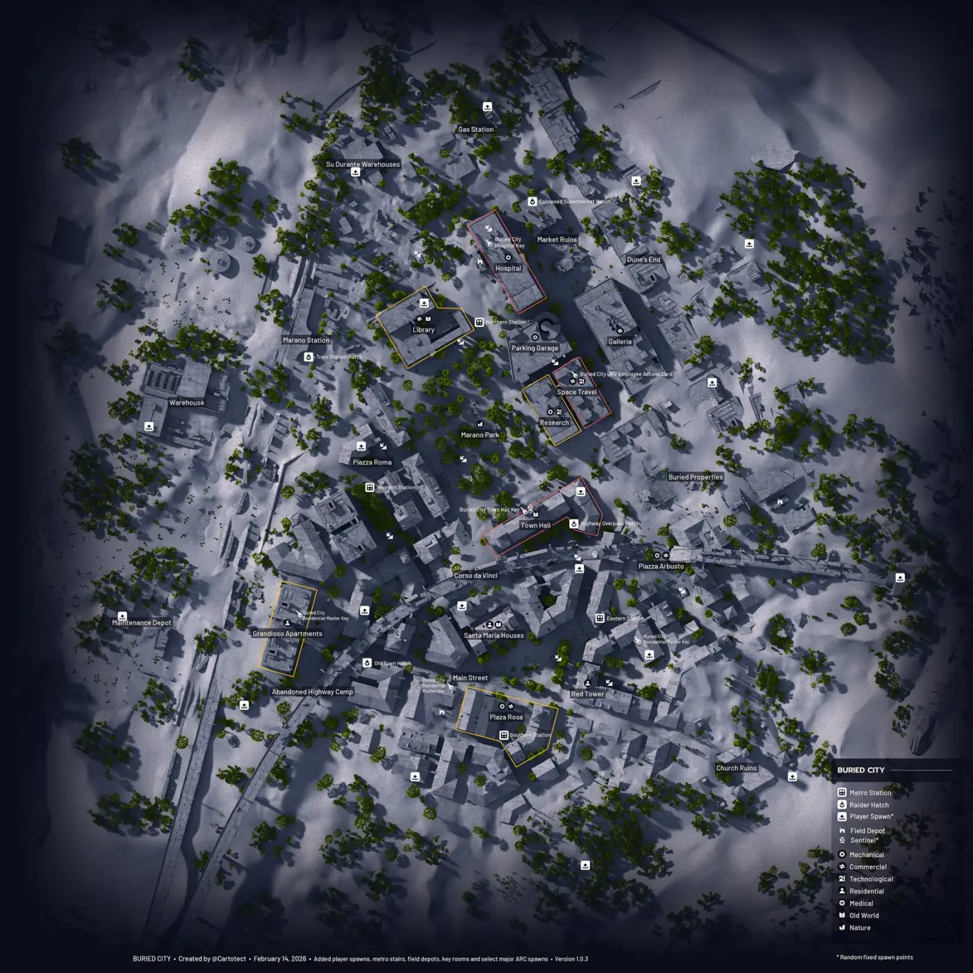 Full overview map of Buried City showing its districts and named buildings