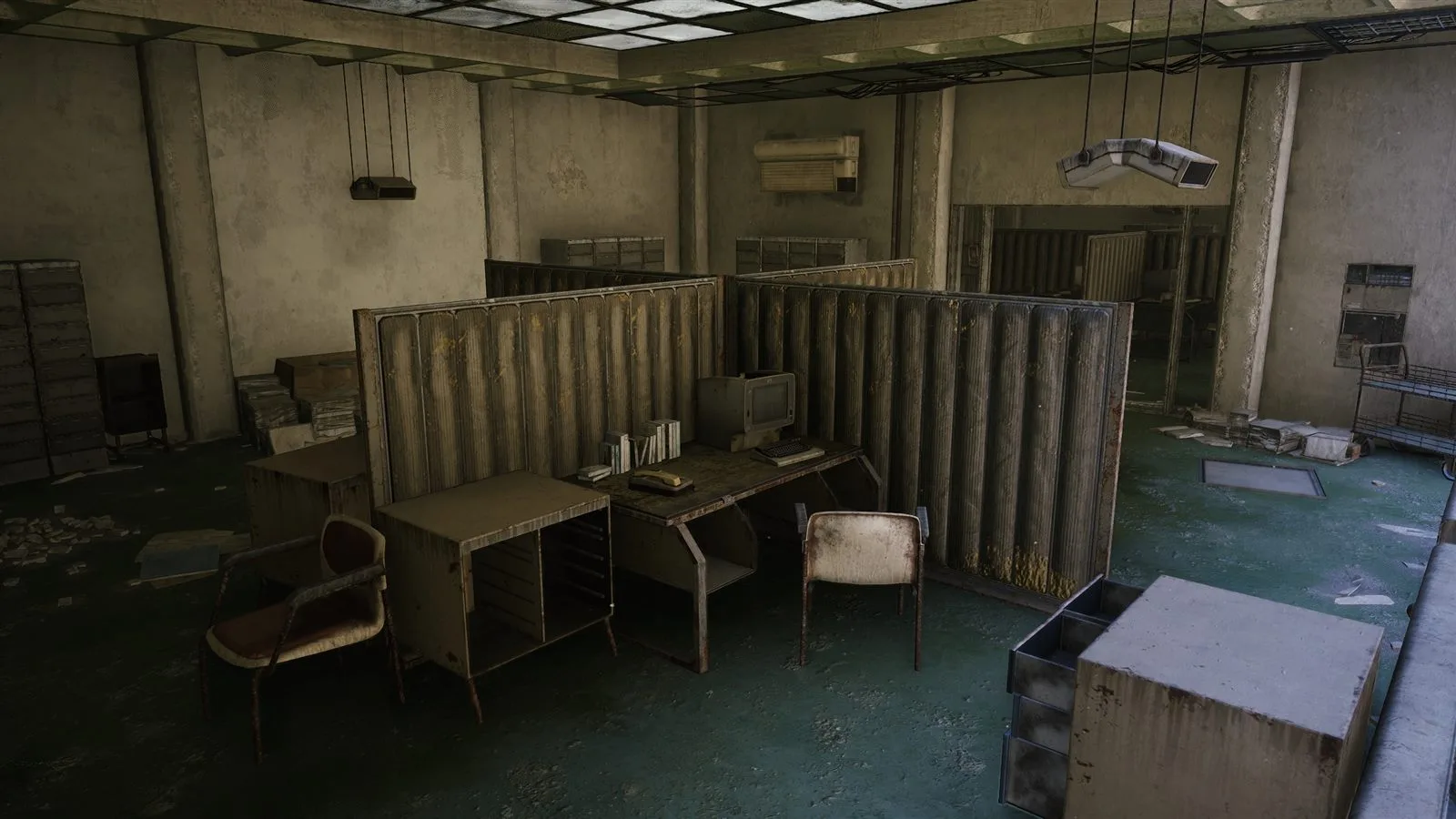Inside the J Kozma Ventures Space Travel building, showing the company's branding and abandoned interior
