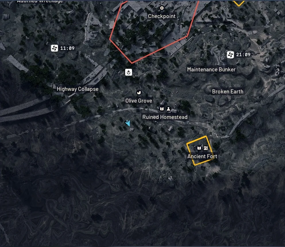 In-game Blue Gate map showing Olive Grove, Ancient Fort, Checkpoint and Maintenance Bunker, with a marker beside Olive Grove