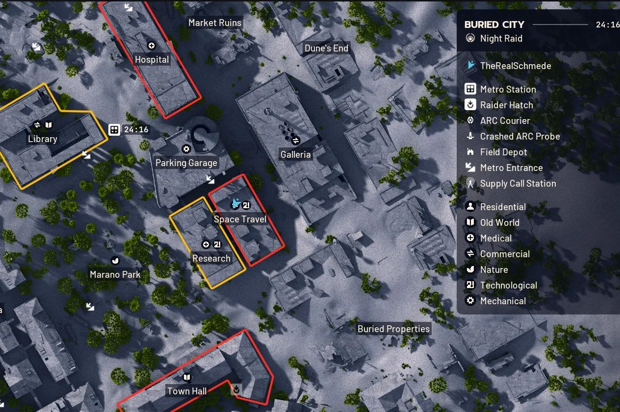 In-game Buried City map showing the Hospital, the Space Travel building, the Library and the Town Hall outlined in red and yellow