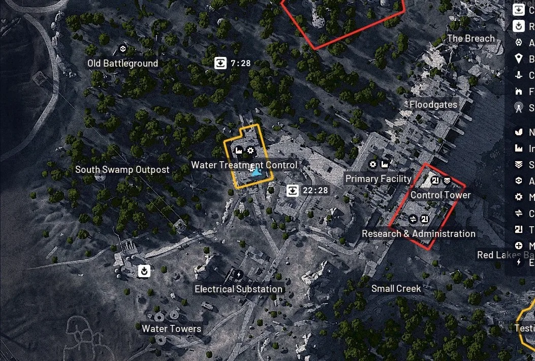 In-game Dam Battlegrounds map with Water Treatment Control highlighted and Research and Administration, Control Tower and Primary Facility labelled to its east