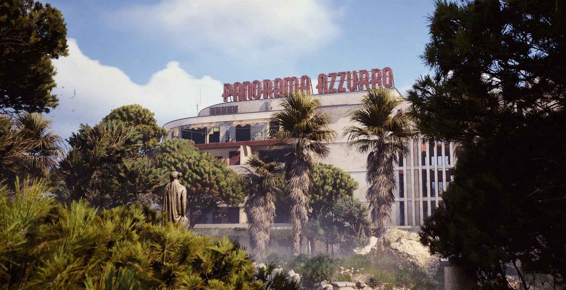 The Panorama Azzurro hotel on Riven Tides, a curved concrete resort building with a large rooftop sign, seen through palm trees