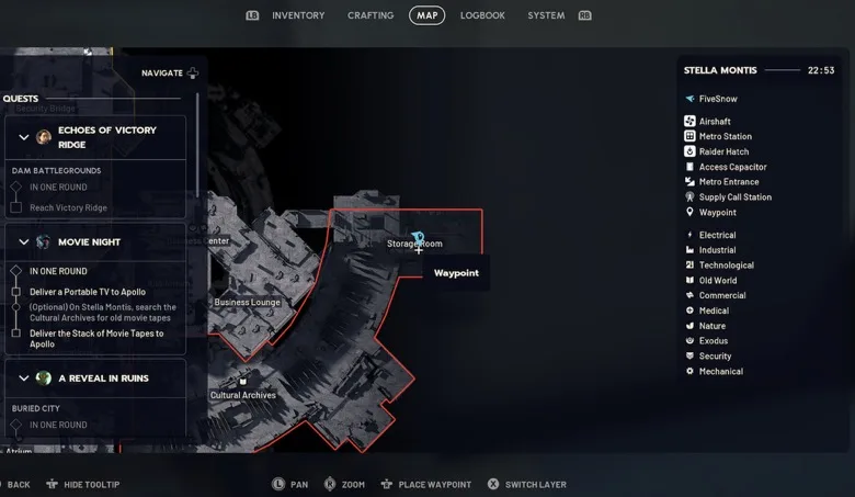 Stella Montis map screen with a waypoint placed on the Storage Room next to the Cultural Archives and Business Lounge