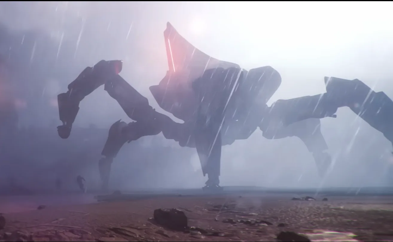 The Matriarch, a colossal six-legged ARC machine with a red-lit head, walking through rain and fog