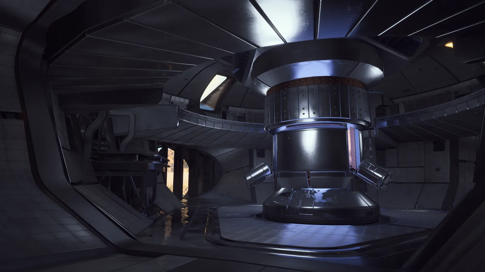 The interior of the Harvester structure in ARC Raiders, with the central pillar and upper walkways
