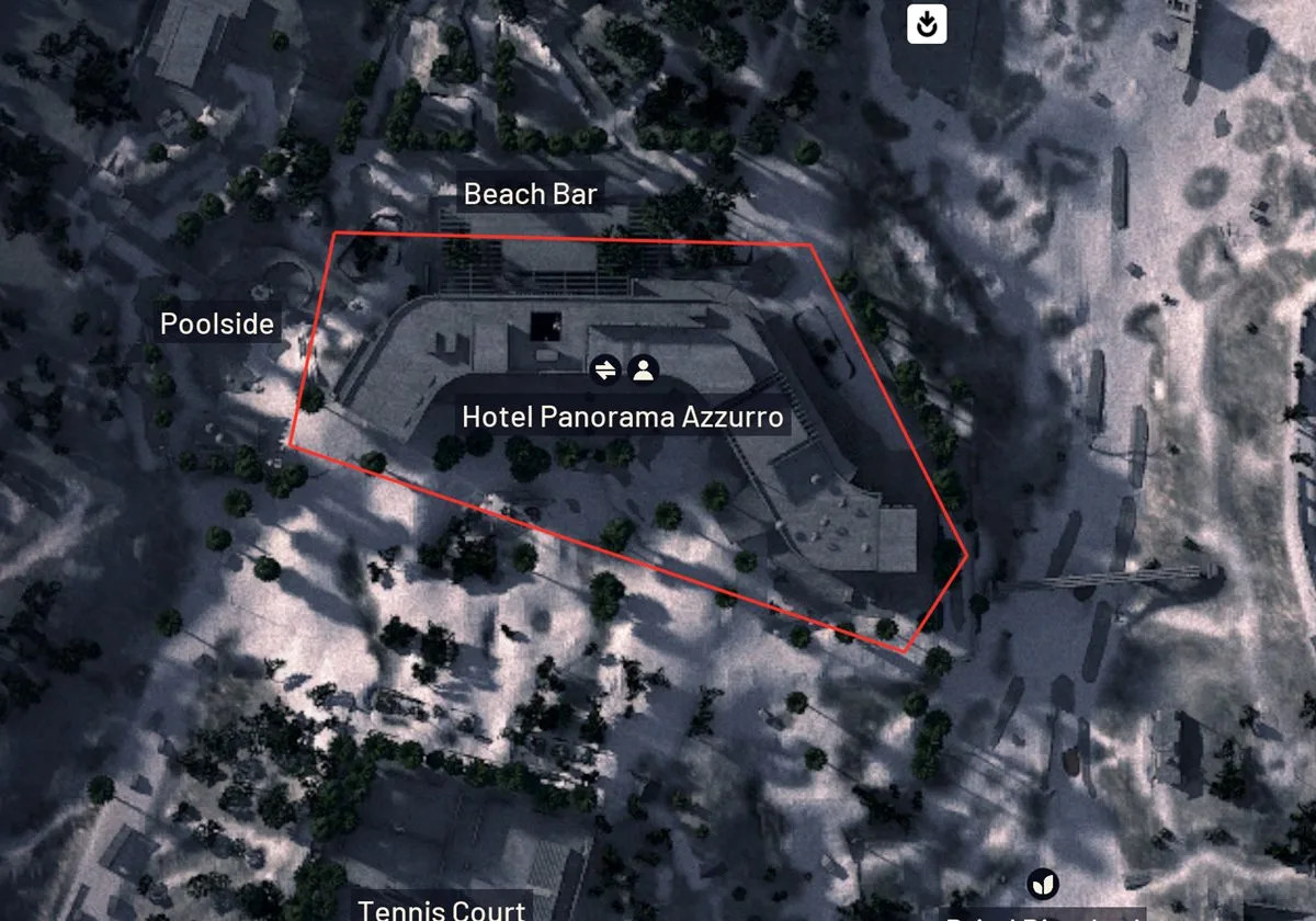 Close-up of the Riven Tides map showing Hotel Panorama Azzurro outlined in red, with Beach Bar to the north, Poolside to the west and the Tennis Court to the south