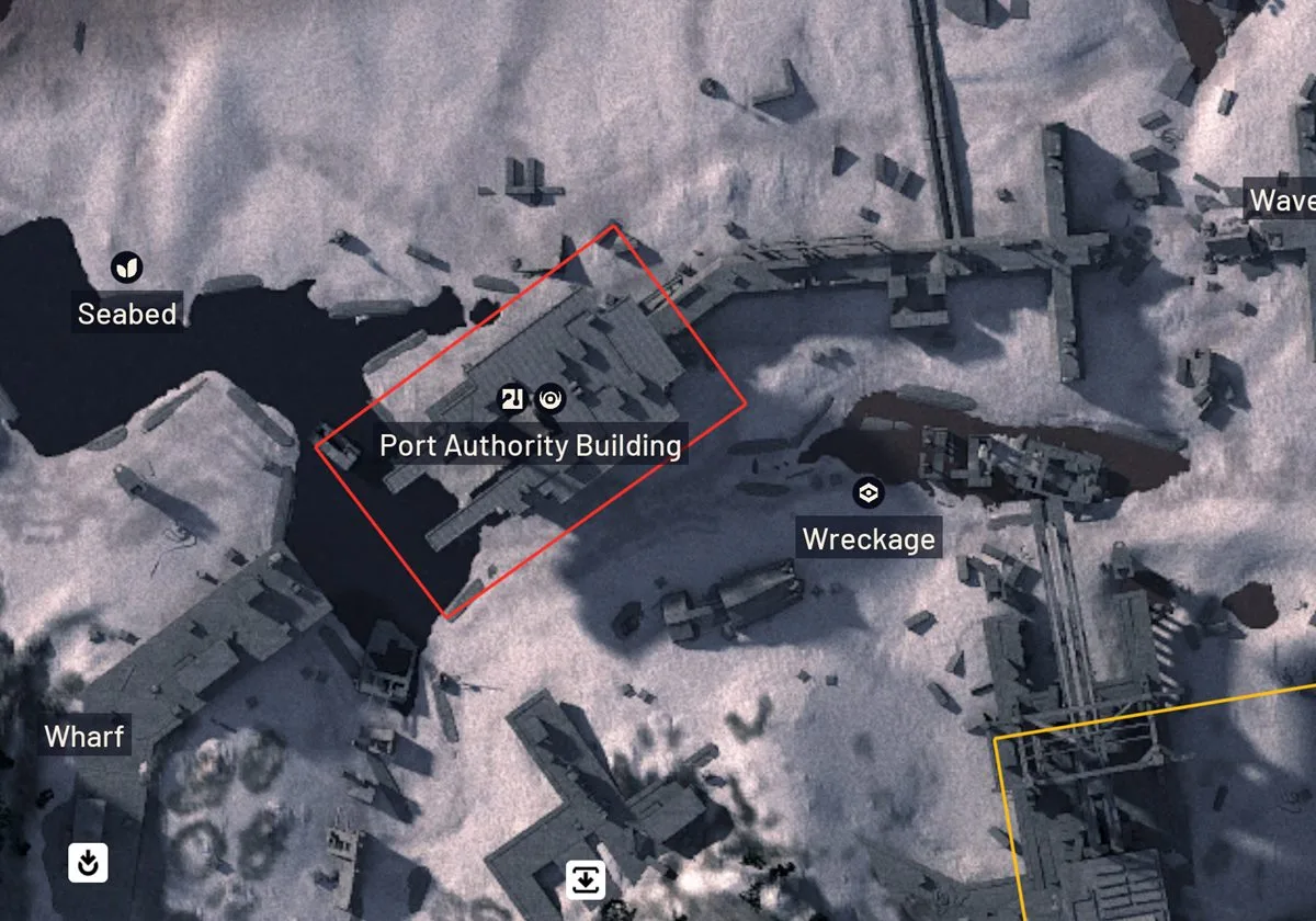 Close-up of the Riven Tides map showing the Port Authority Building outlined in red on the waterfront, with Seabed to the west and Wreckage to the east