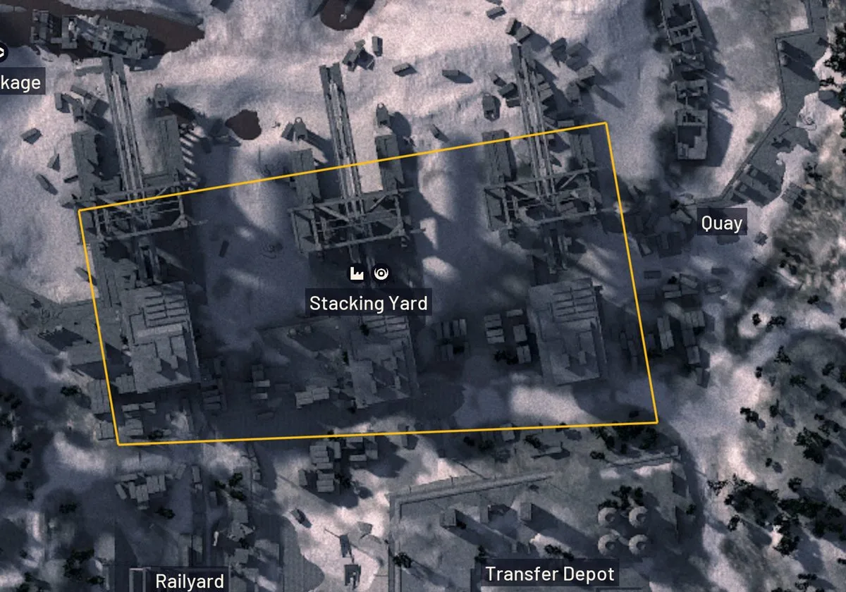 Close-up of the Riven Tides map showing the Stacking Yard outlined in yellow, with three crane structures above rows of shipping containers