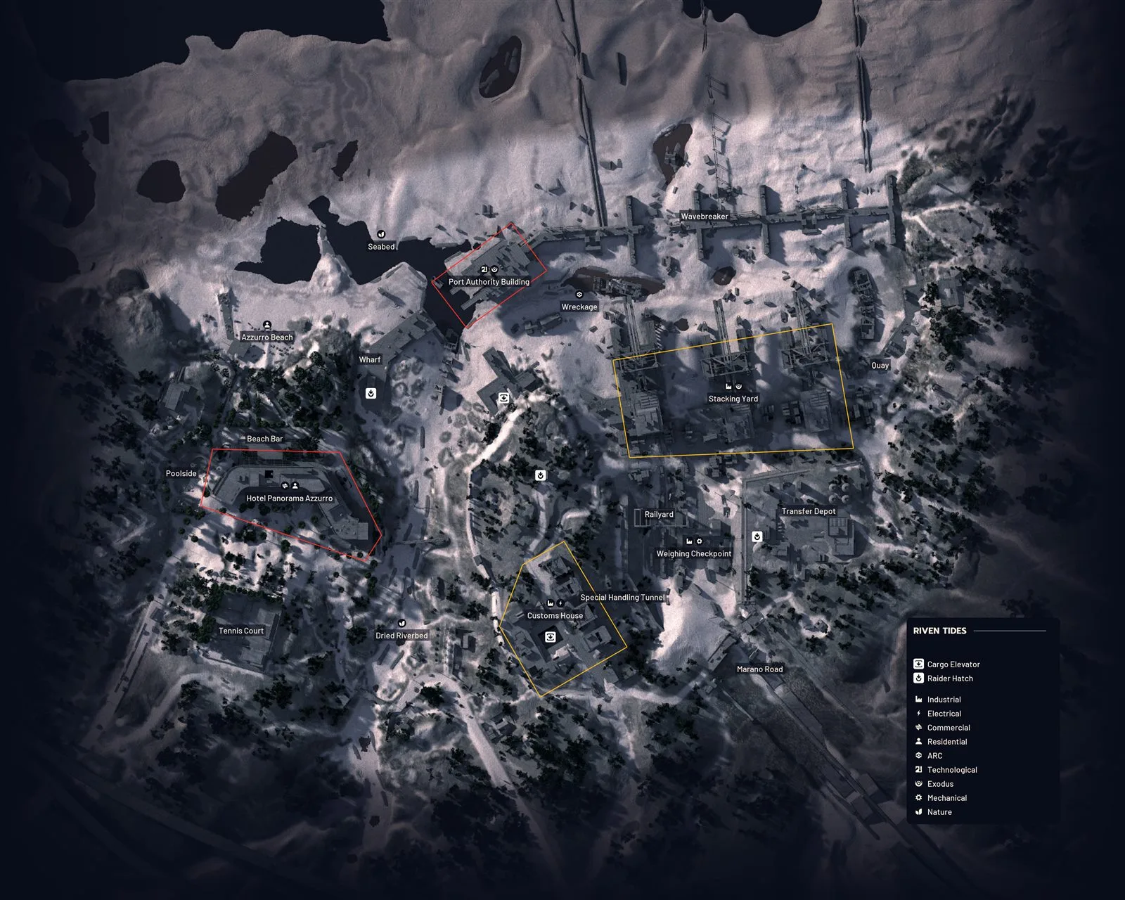 Riven Tides overview map with Hotel Panorama Azzurro outlined on the west side, the Port Authority Building on the northern shore and the Stacking Yard on the east