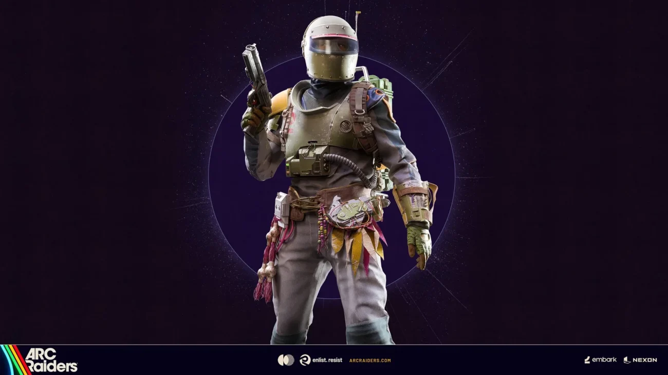 The Scorta outfit: a Raider in a domed silver helmet with pink visor, olive chest plate, beaded belt and a raised pistol, on the ARC Raiders Trials Season 5 key art