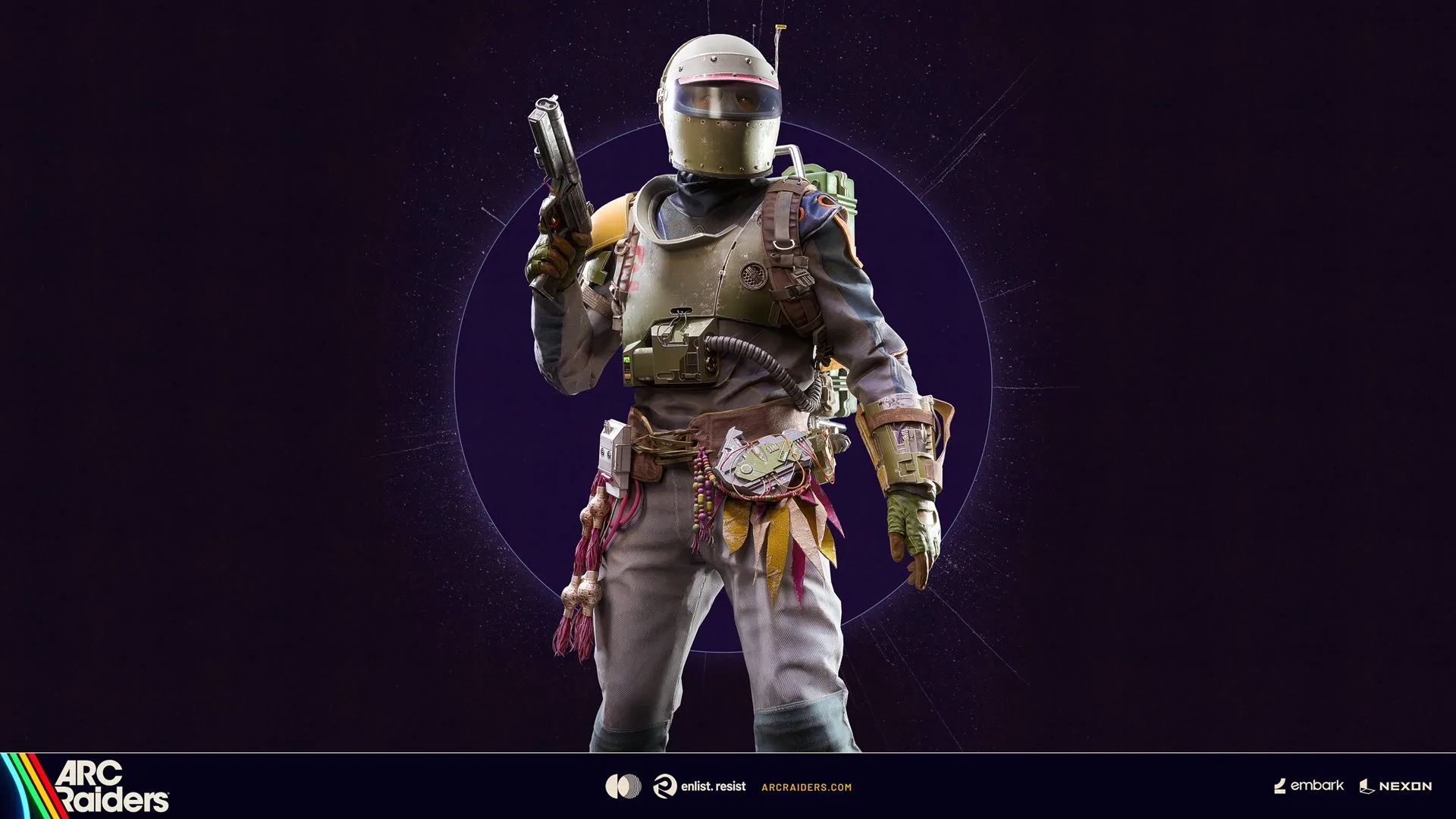 The Scorta outfit: a Raider in a domed silver helmet with pink visor, olive chest plate, beaded belt and a raised pistol, on the ARC Raiders Trials Season 5 key art