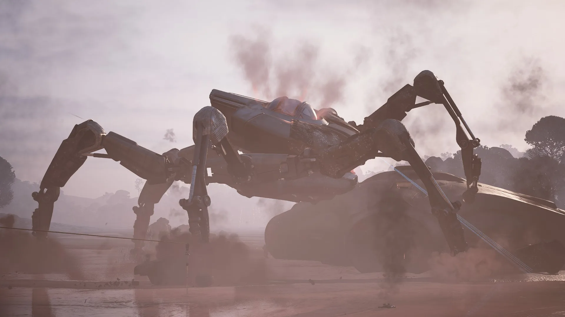 An ARC Queen with its core exposed standing over a Harvester in pink dust, one of its long legs raised