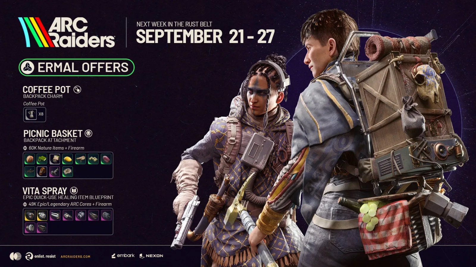 Official ARC Raiders graphic for September 21 to 27, listing Ermal's offers: Coffee Pot backpack charm, Picnic Basket backpack attachment and Vita Spray blueprint