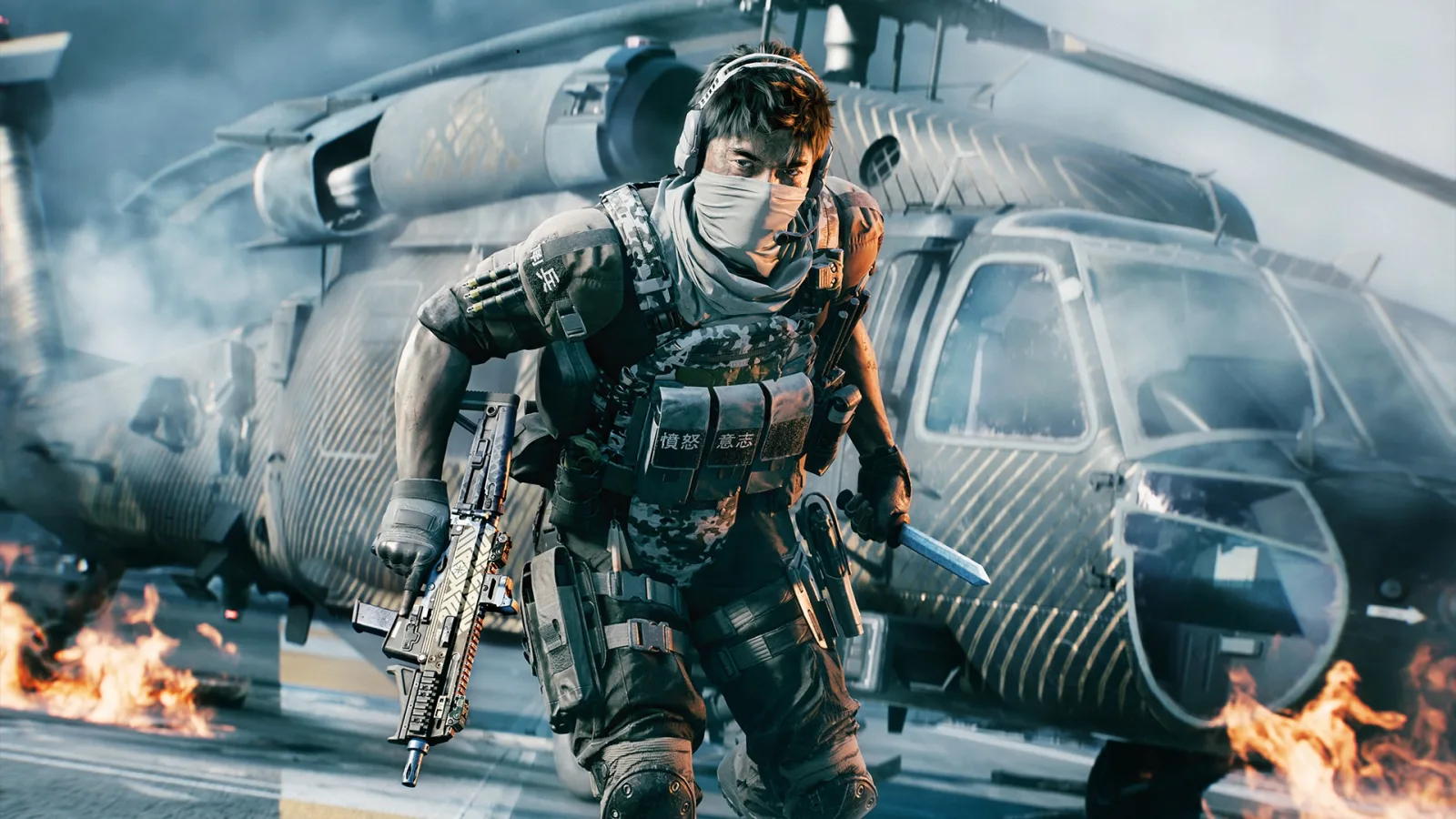 A masked Battlefield 6 soldier with a rifle and knife running past a burning helicopter, the Deep Six Collection Event key art