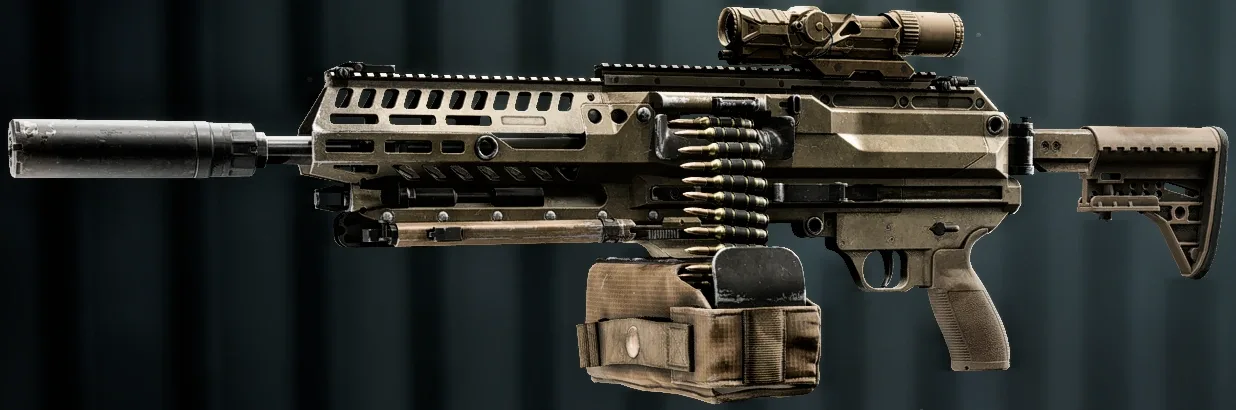 The M250 light machine gun in its factory finish, side view, with a suppressor, scope and belt pouch