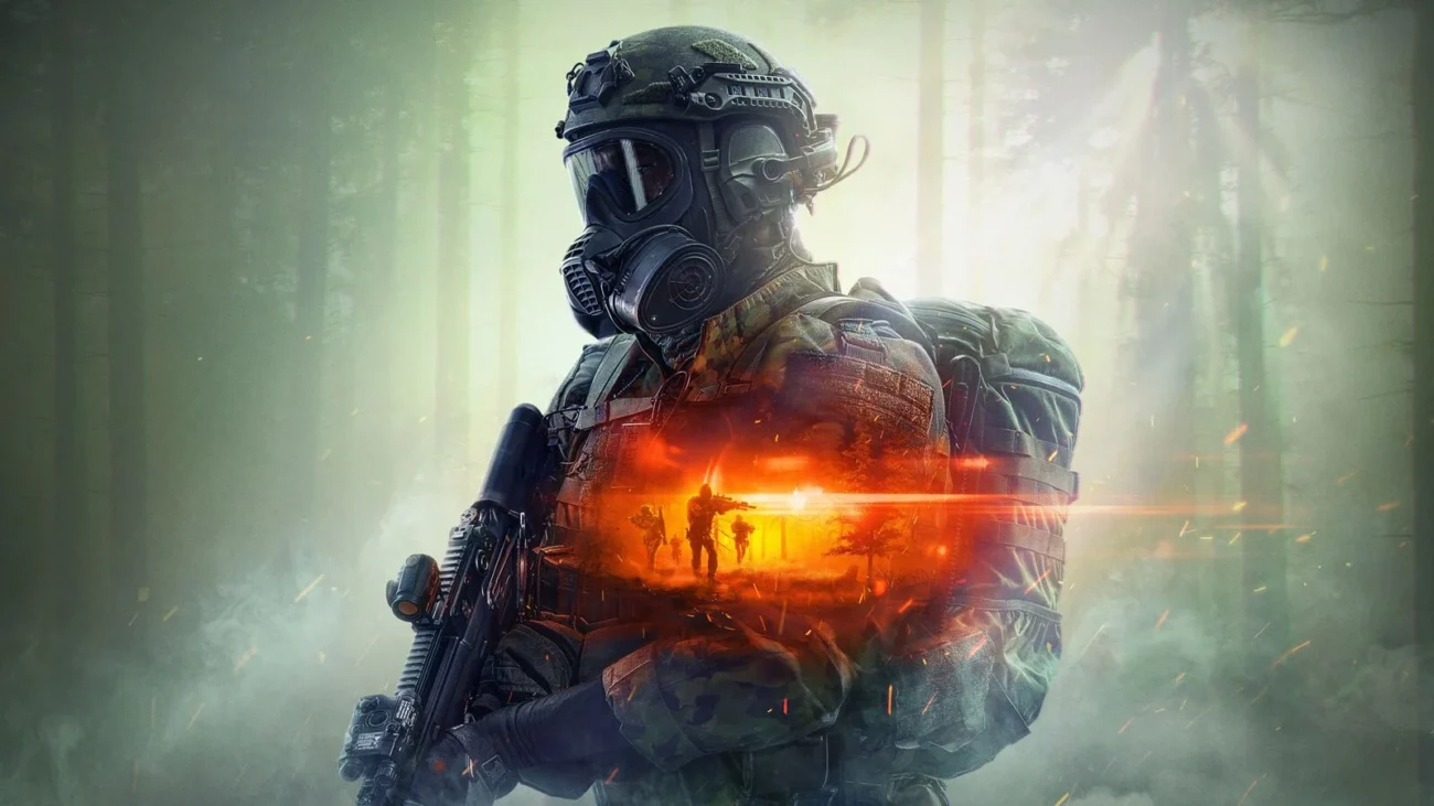 Battlefield 6 soldier in a gas mask and camouflage holding a rifle in a misty forest, with a glowing firefight shown across his chest