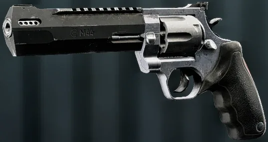 The M44 revolver in its factory finish, side view, with a long ported barrel and black rubber grip
