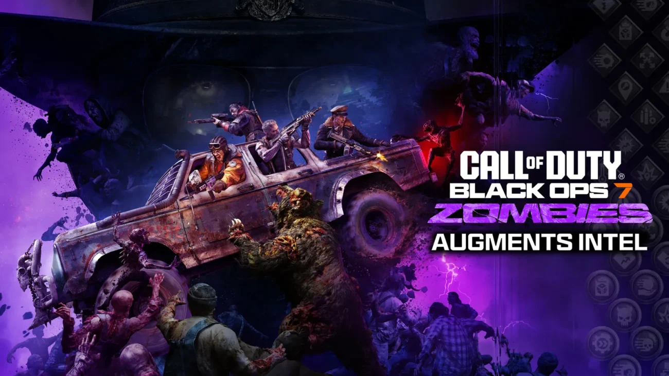 Black Ops 7 Zombies Augments Intel key art with the crew riding a truck through a horde of zombies