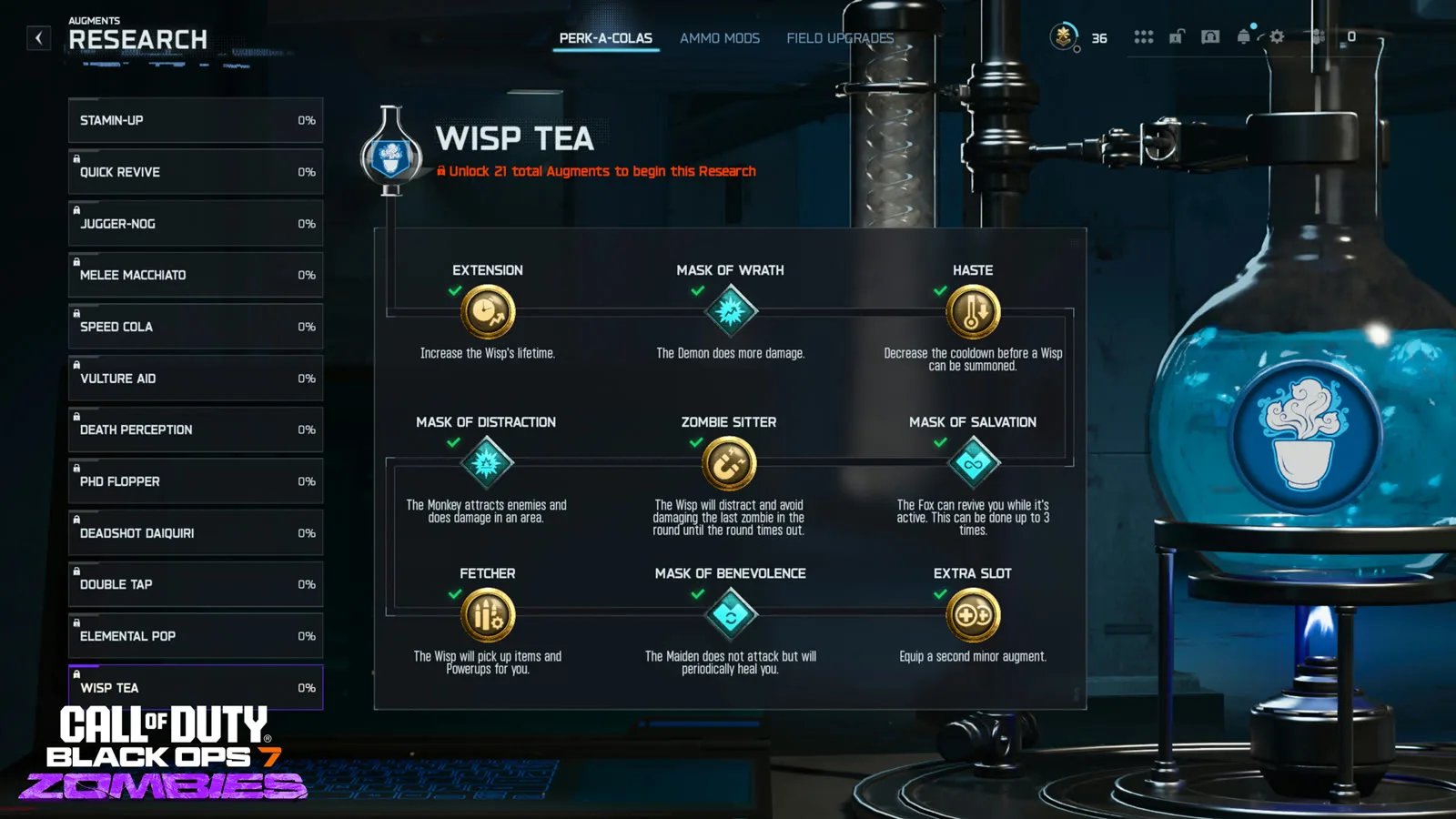 Black Ops 7 Zombies Augment Research menu showing the Wisp Tea tree locked behind 21 total augments, with the Perk-a-Cola list on the left