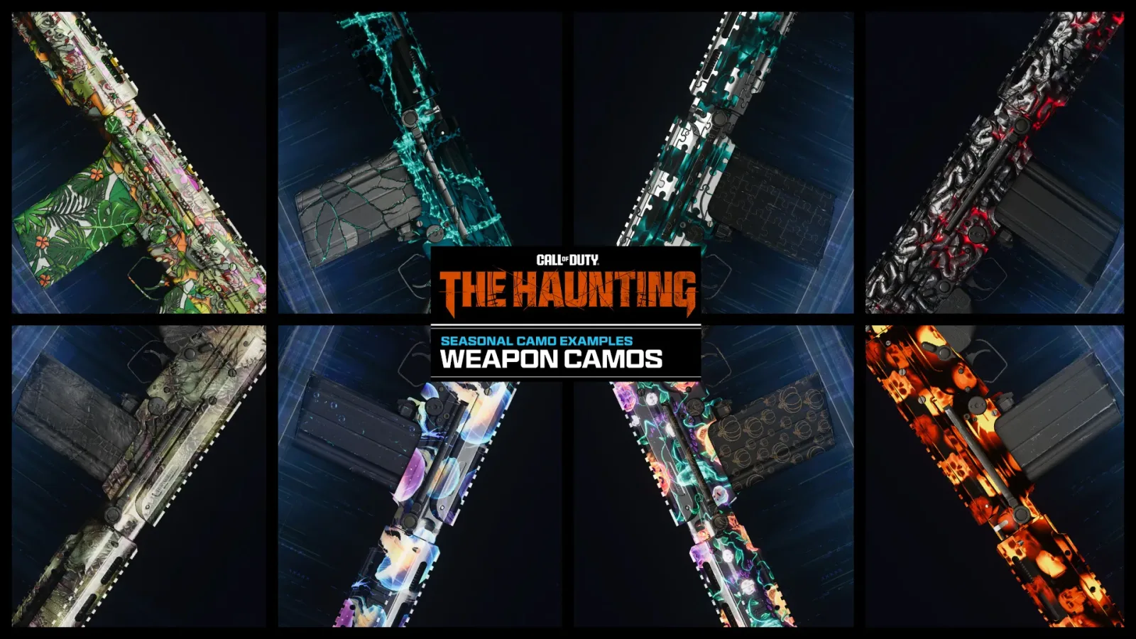 Eight Black Ops 7 Season 06 seasonal weapon camo examples shown on assault rifles under The Haunting logo