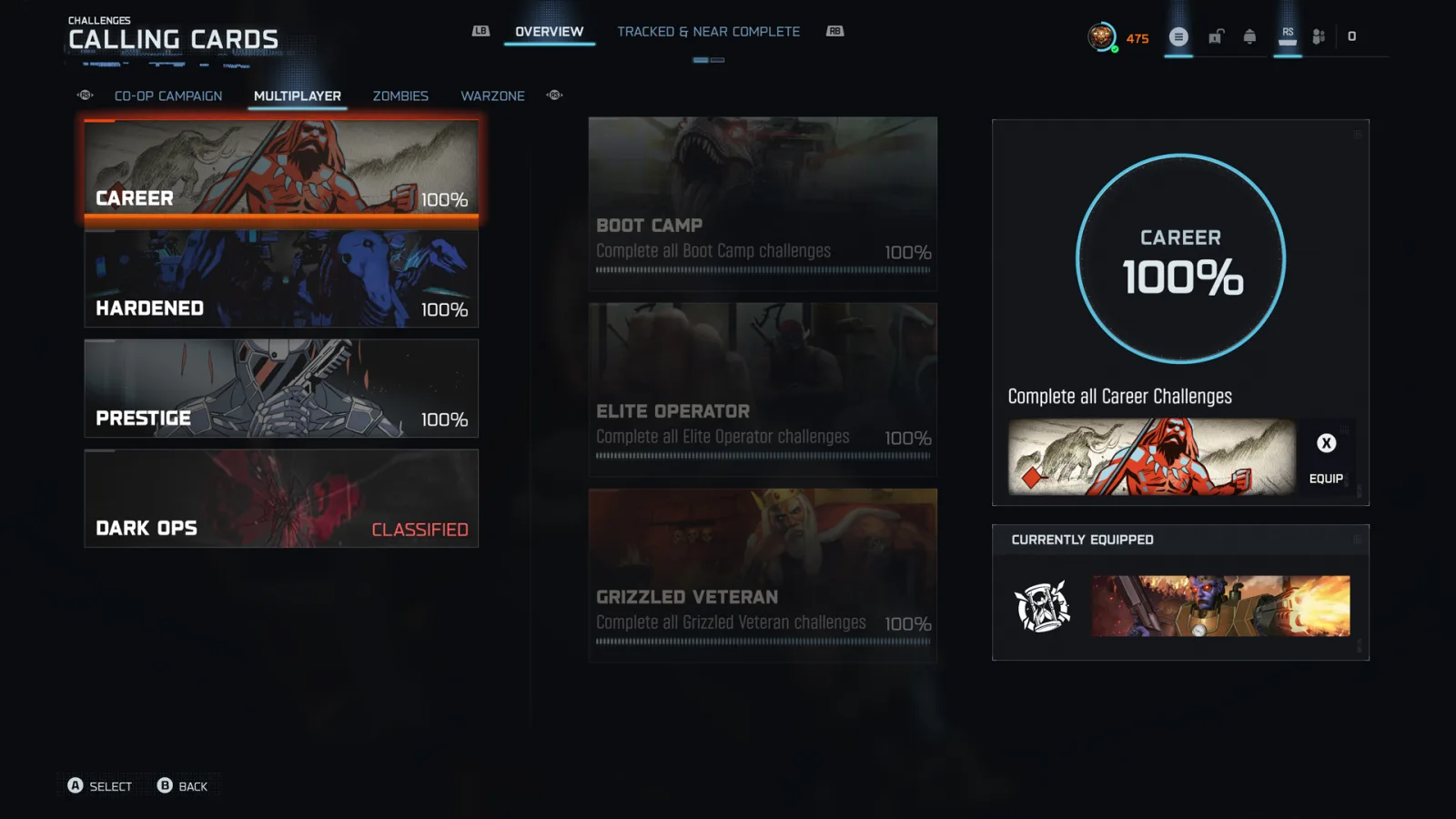 Black Ops 7 Calling Card challenge menu showing the Career, Endgame and Dark Ops categories