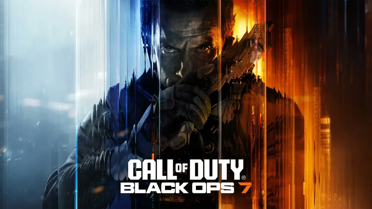 Call of Duty: Black Ops 7 key art with the game logo over a split blue and orange portrait