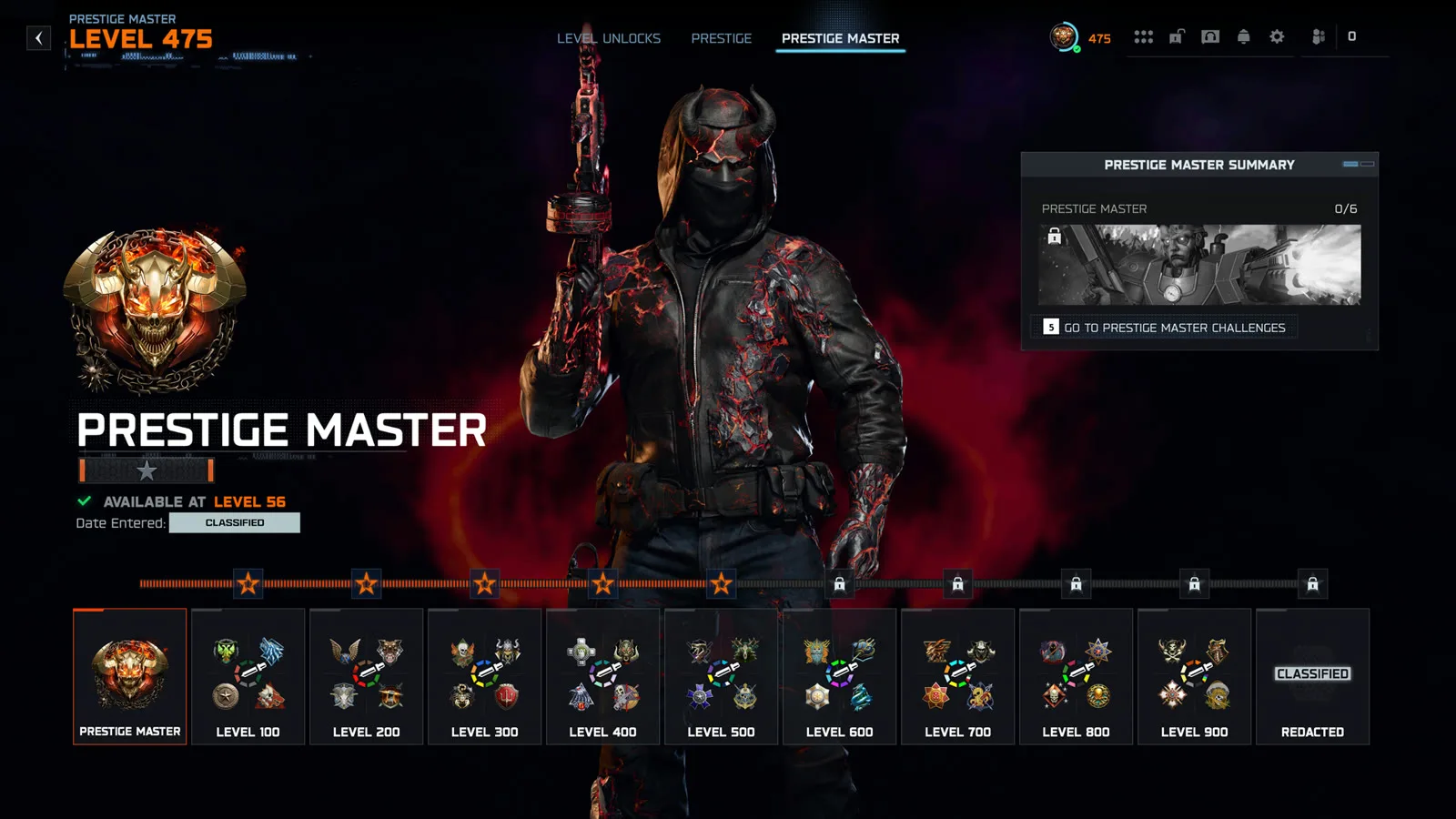 Black Ops 7 Prestige Master screen at level 475 showing the Hellborne Jurado skin and legacy icon sets at levels 100 to 900