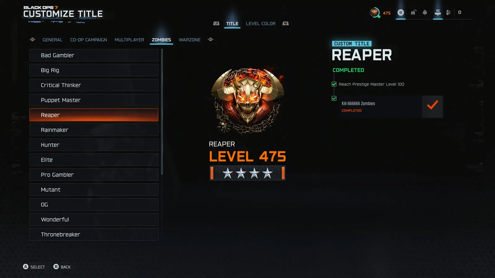 Black Ops 7 Customize Title menu showing the Zombies custom title Reaper, requiring Prestige Master level 100 and 666,666 zombie kills