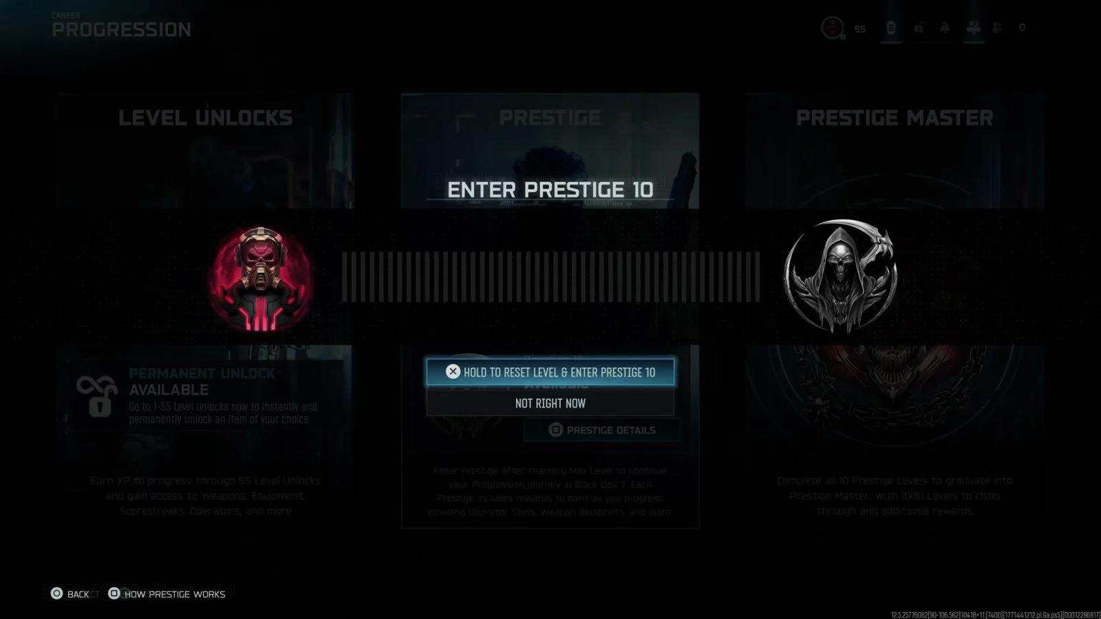 Black Ops 7 Progression screen with the Enter Prestige 10 prompt, showing the Prestige 9 icon, the Prestige 10 icon and a hold to reset level button