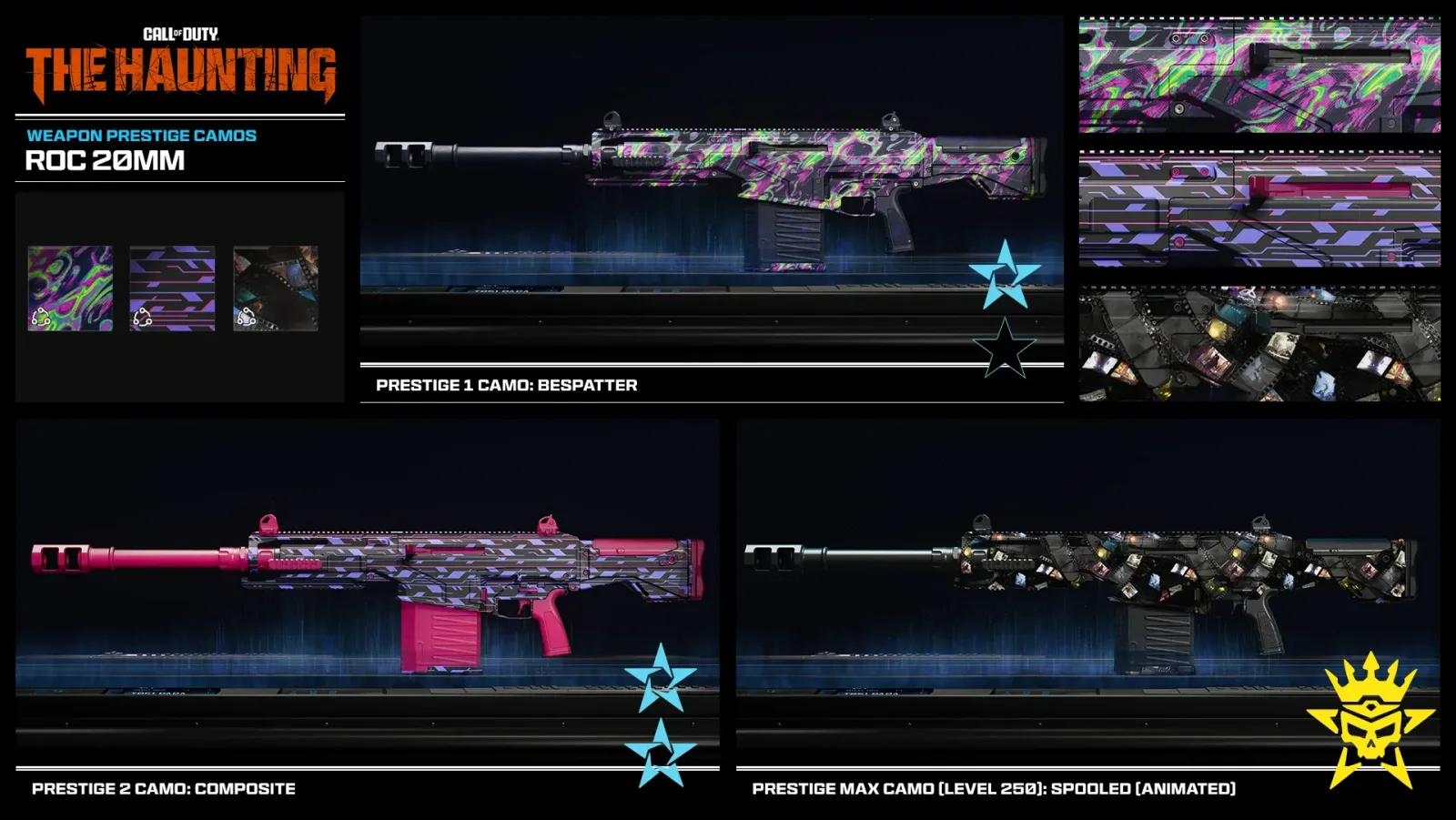 Official card showing the Roc 20mm Special Weapon with its three Prestige camos: Bespatter, Composite and the animated Spooled