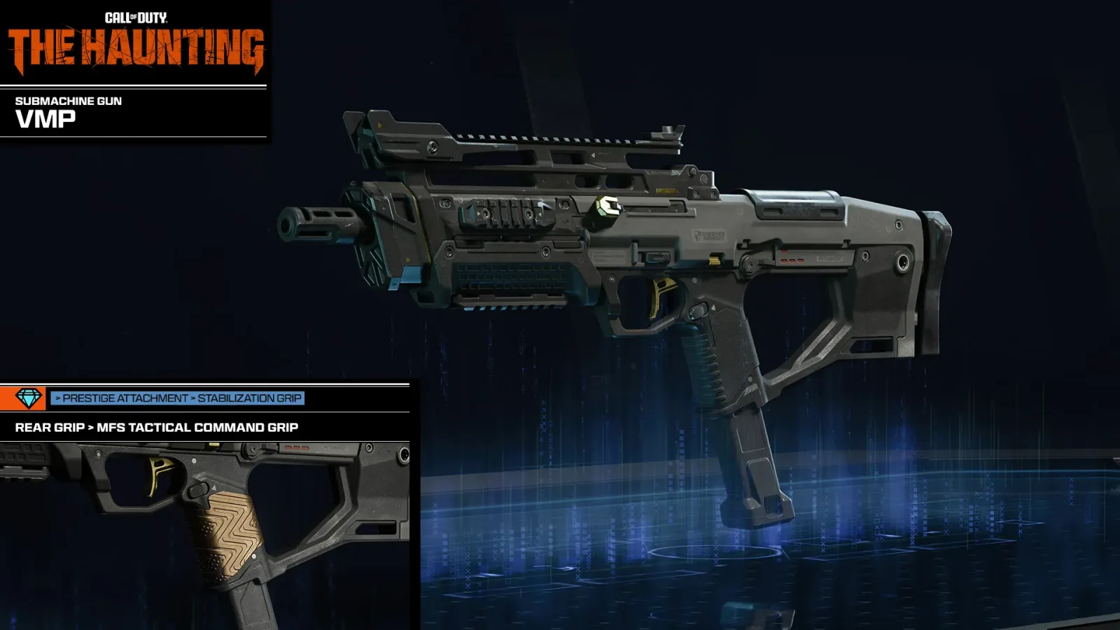 Official render of the VMP submachine gun for Black Ops 7 Season 06, with an inset showing the MFS Tactical Command Grip Prestige rear grip attachment