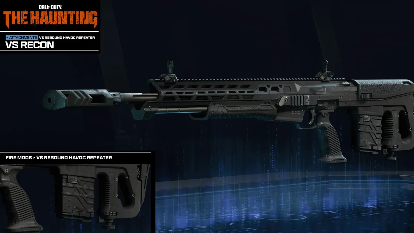 Official render of the VS Recon sniper rifle with the VS Rebound Havoc Repeater fire mod attachment shown in an inset